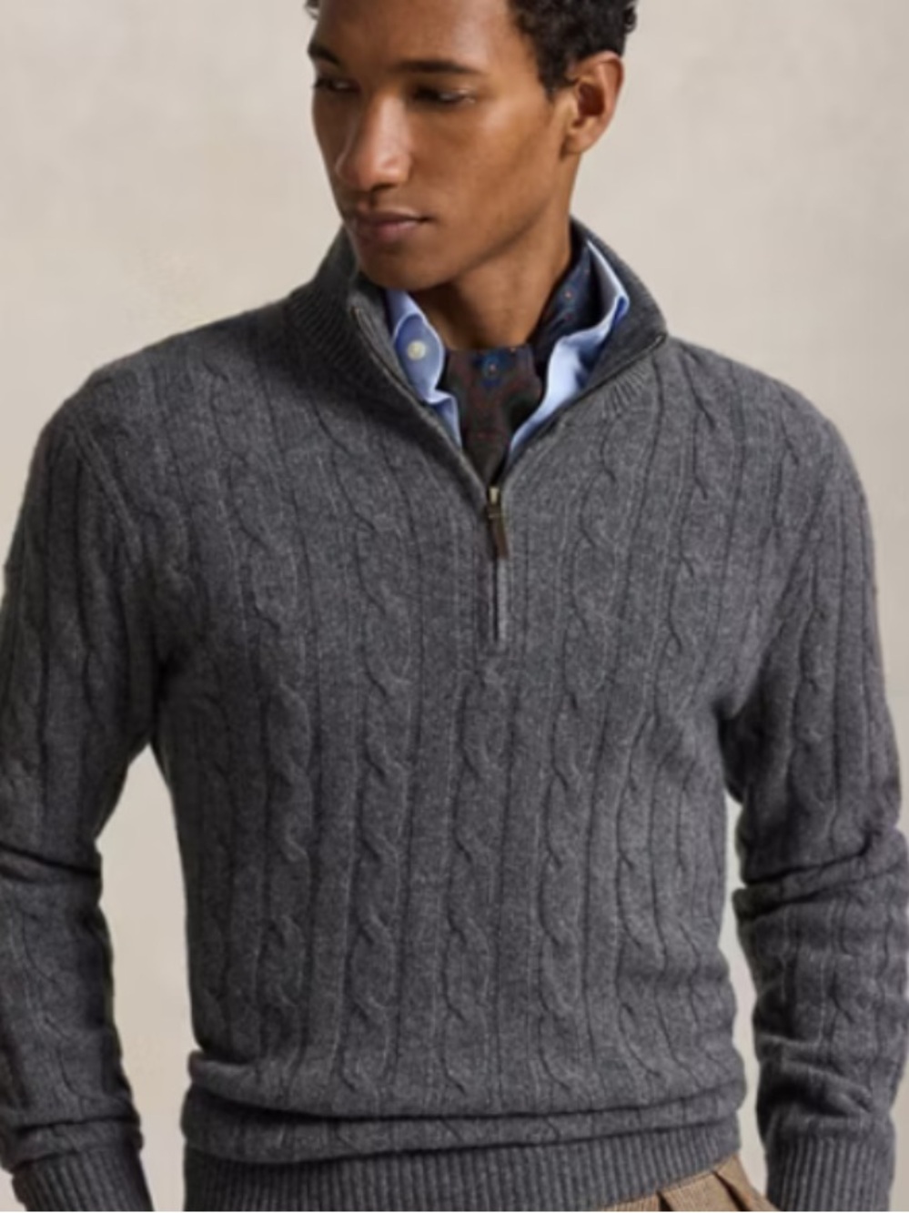 Ralph Lauren Wool-Cashmere Cable Knit Half-Zip Sweater Charcoal Gray Size Large
